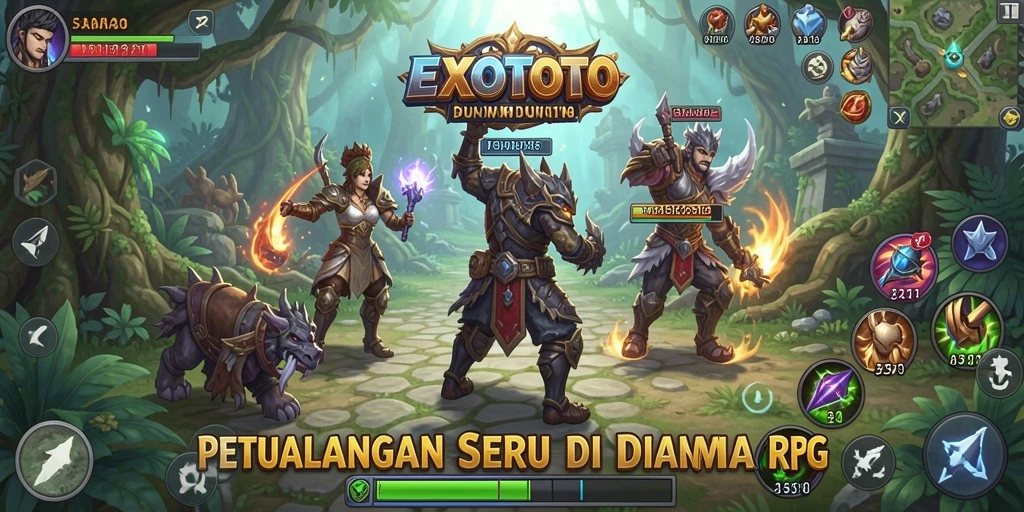 Screenshot gameplay EXOTOTO yang menunjukkan pertarungan seru di dunia RPG.