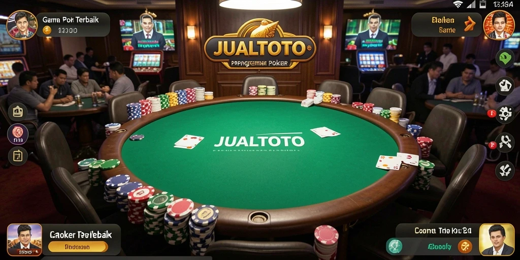 Screenshot utama JUALTOTO menunjukkan aksi seru di meja poker.